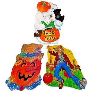 3 Vintage Die Cut Halloween Wall Hanging Decorations Scarecrow Ghost Pumpkin